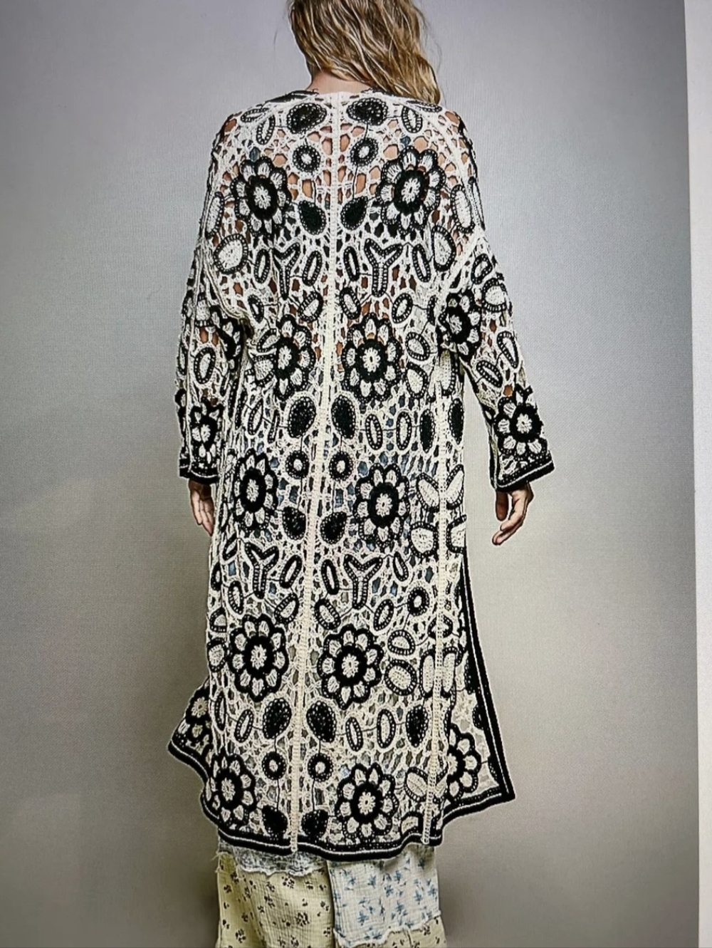 POL Crochet Openwork Floral Long Cardigan in Cream and Black